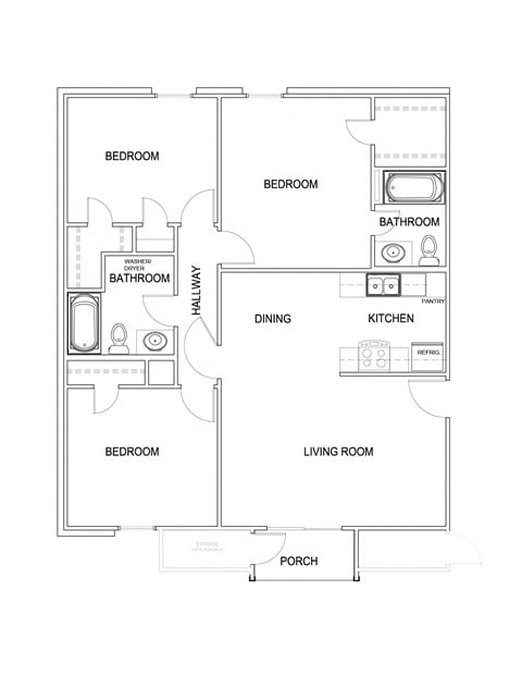 Floor plan for 3 beds, 2 baths, 1041 sqft